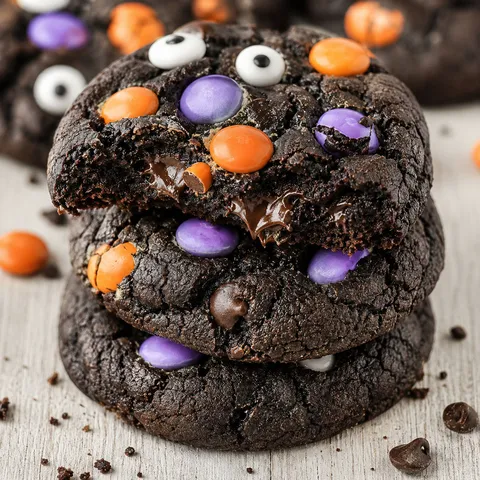 Stack of black cocoa Halloween cookies with orange and purple candies on a wooden board