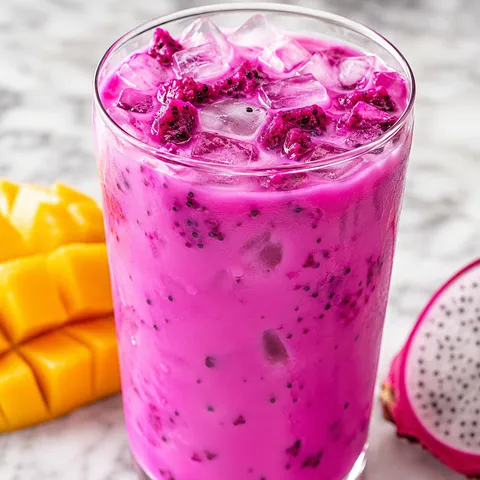 Creamy pink Dragon Drink with ice and dragonfruit pieces