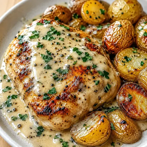Creamy garlic chicken with roasted baby potatoes and parsley
