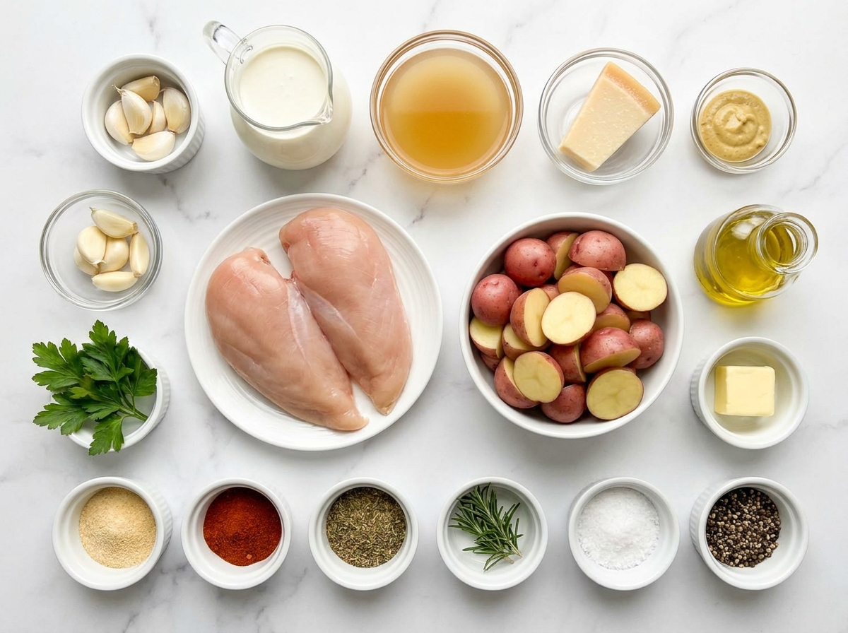 Chicken, baby potatoes, garlic, cream, Parmesan, herbs, and seasonings