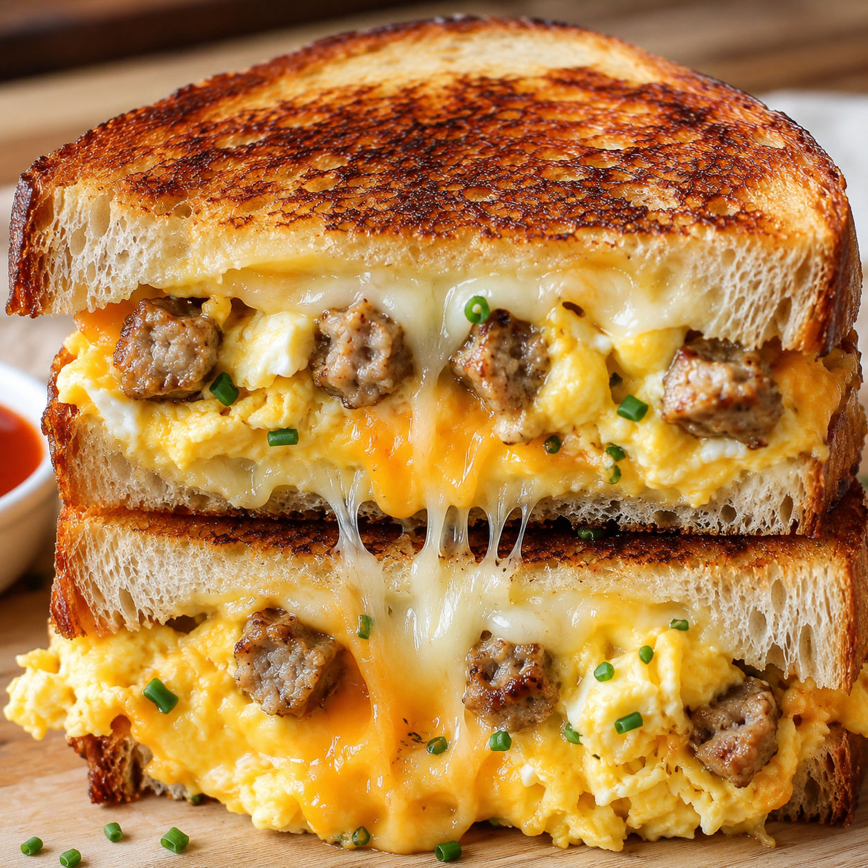 Sourdough grilled cheese with eggs, sausage, melted cheese, and chives