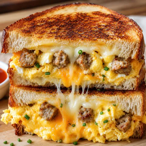 Sourdough grilled cheese with eggs, sausage, melted cheese, and chives