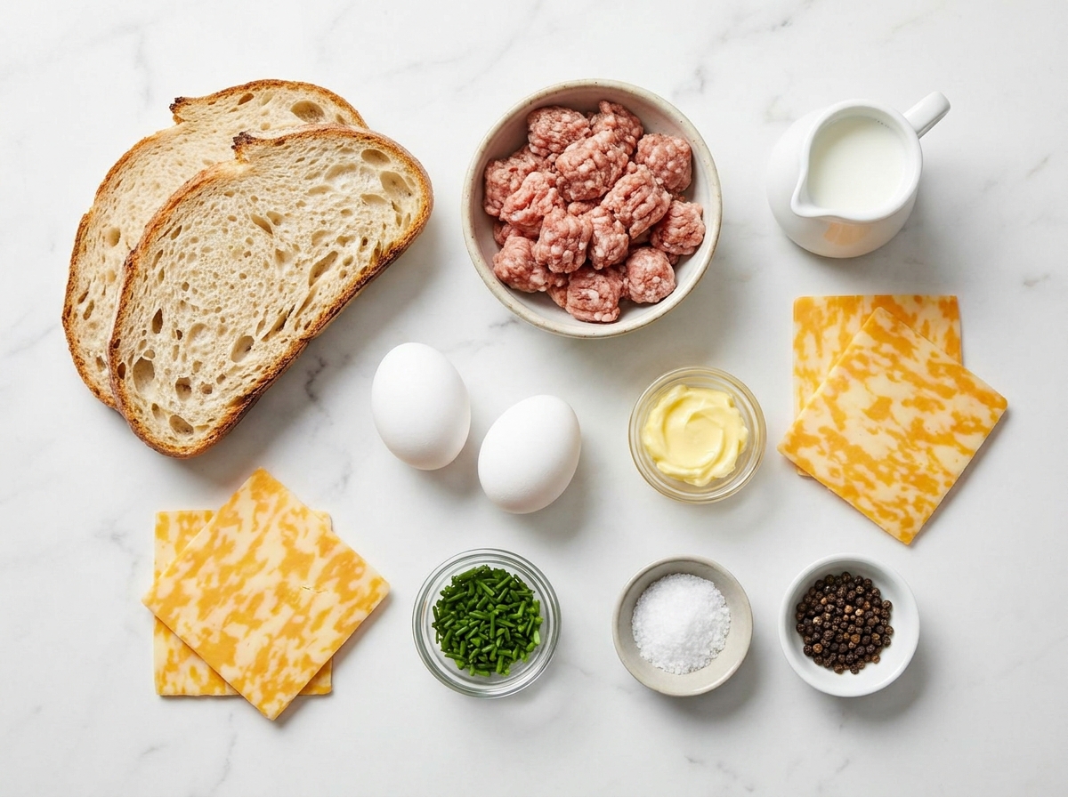 Ingredients for sourdough grilled cheese with eggs, sausage, and cheese