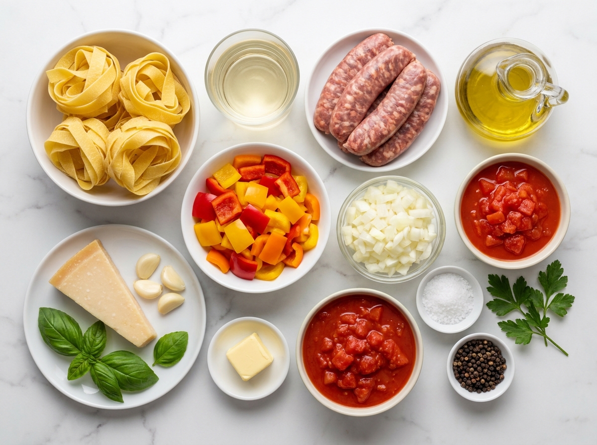 Ingredients for Italian drunken noodles with sausage, peppers, pasta, and basil
