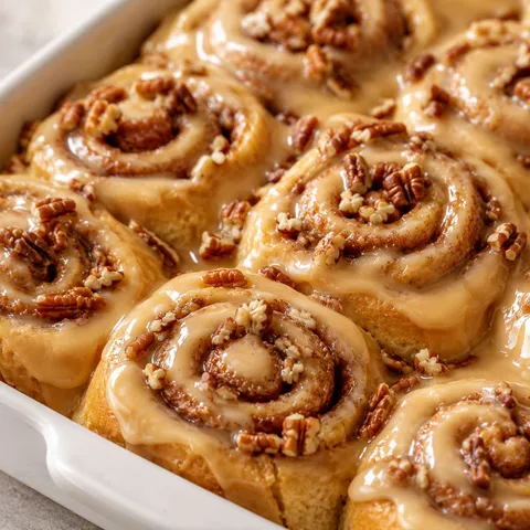 Dulce de leche cinnamon rolls with cream cheese glaze and pecans