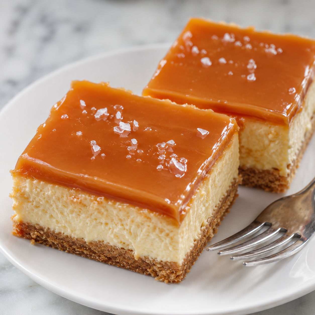 Dulce de leche cheesecake bars with caramel topping and flaky salt