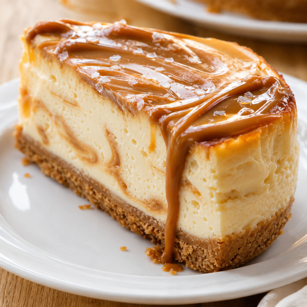 Dulce de leche cheesecake slice with glossy caramel topping and cookie crust
