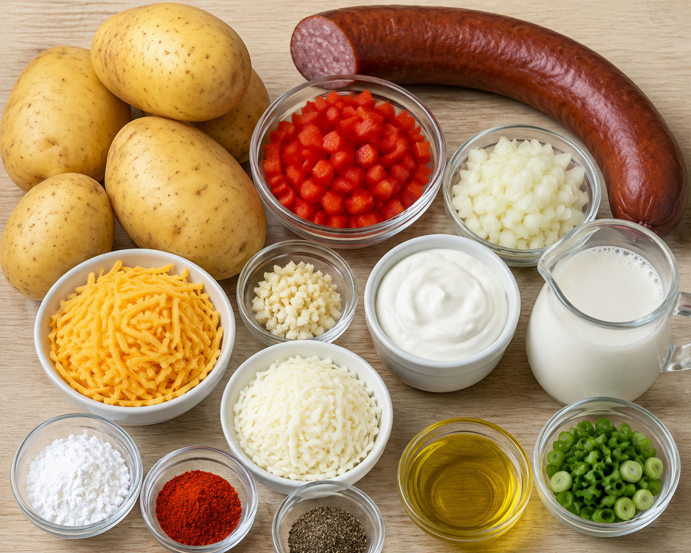 Ingredients for cheesy potato and kielbasa bake on a wood surface