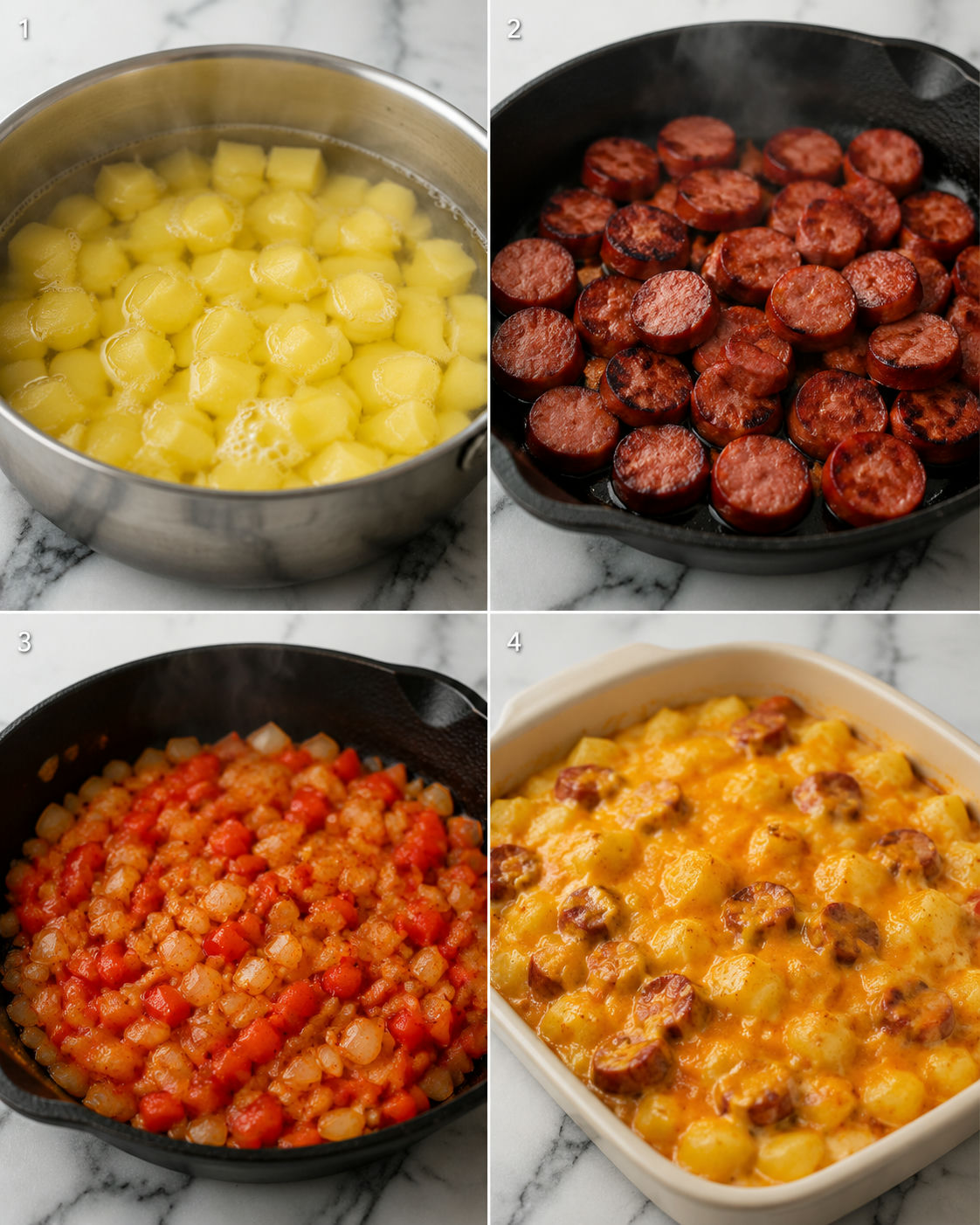 Four cooking steps for cheesy potato and kielbasa bake