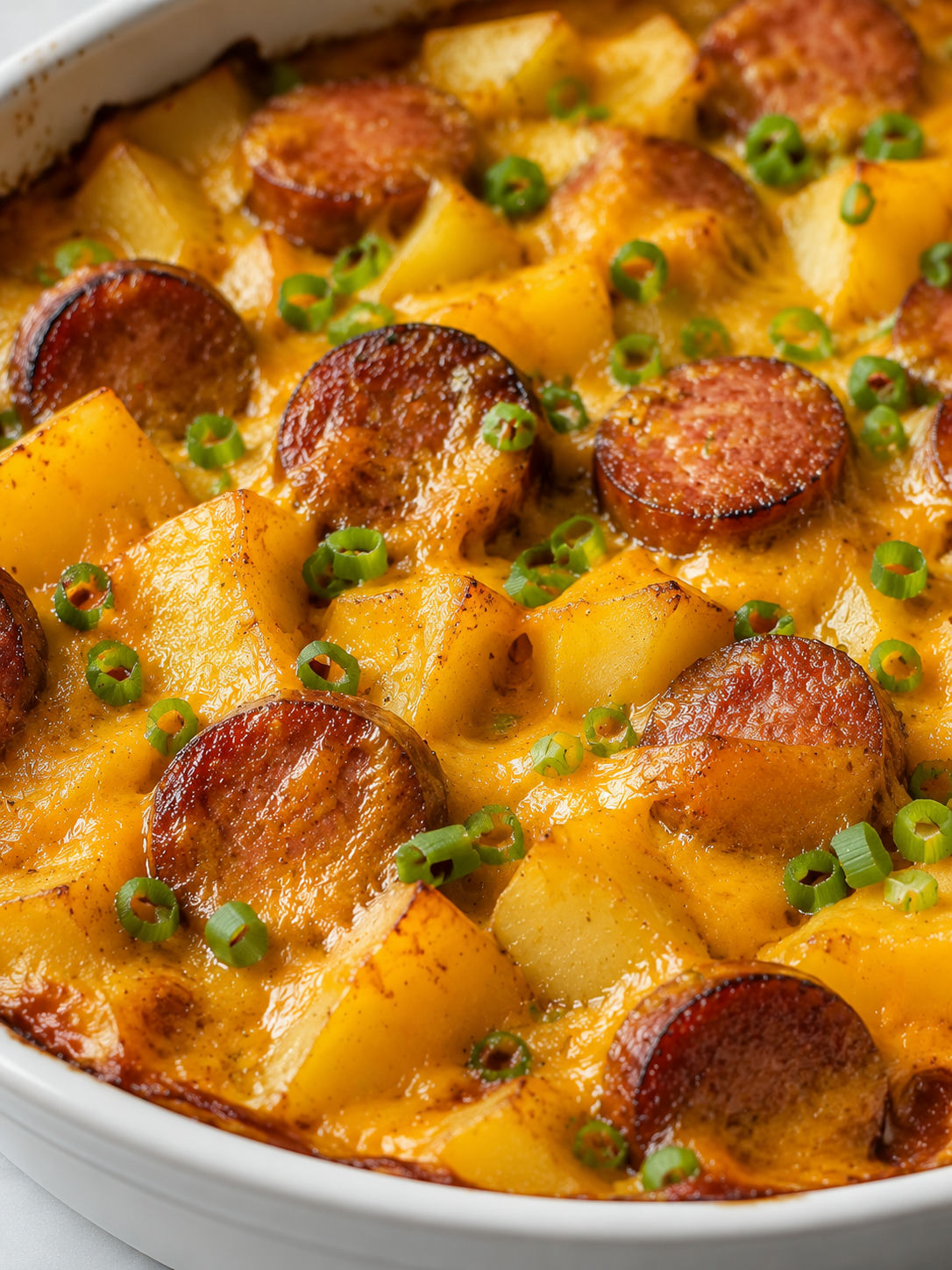 Cheesy kielbasa potato bake with browned sausage and melted cheddar