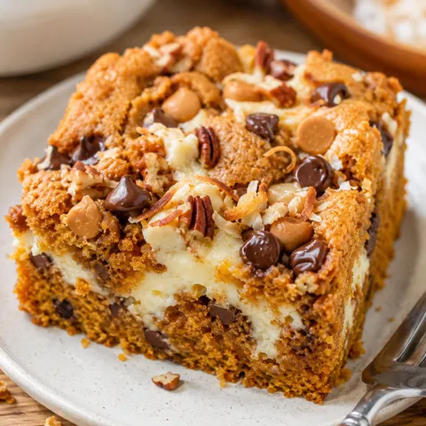 Earthquake Pumpkin Cake slice with cream cheese swirls and pecans