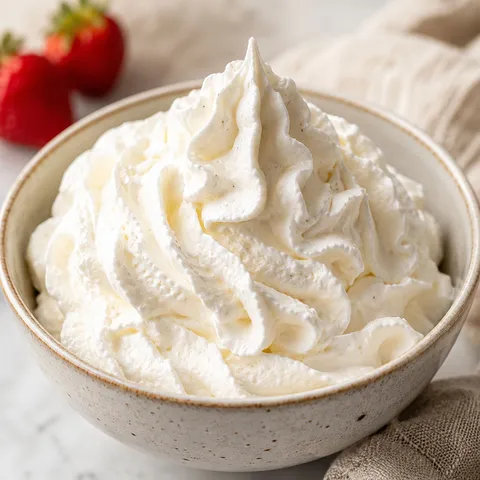 Fluffy homemade whipped cream with vanilla flecks in a rustic bowl