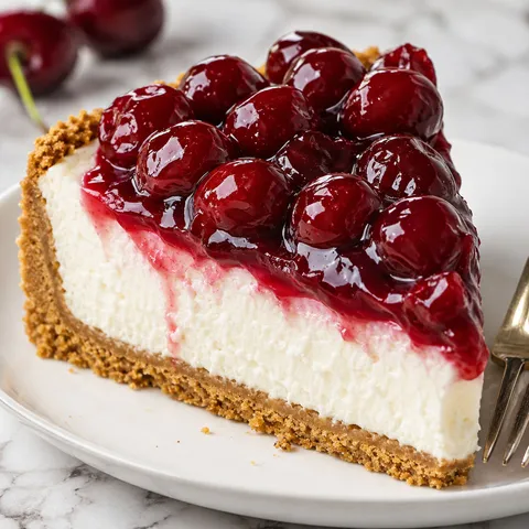 No-bake cherry cheesecake slice with glossy cherries and graham crust