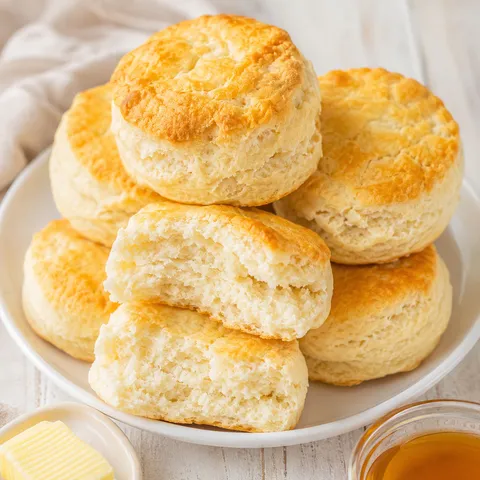 Fresh 2-ingredient biscuits stacked with one split open