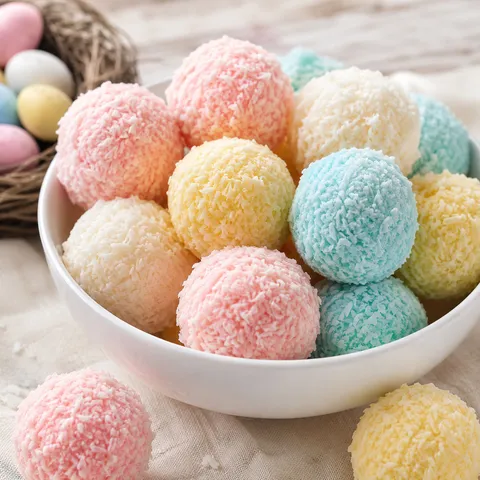 Pastel Easter Bunny Coconut Tails in a white bowl with fluffy coconut coating