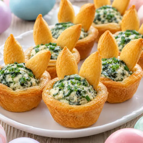 Easter Bunny Crescent Bites with spinach-artichoke filling and pastry ears