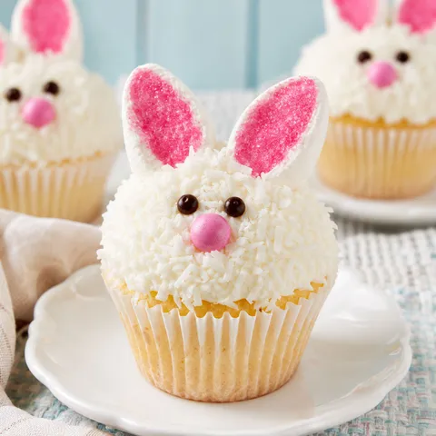 Easter Bunny Cupcakes with coconut frosting and marshmallow ears