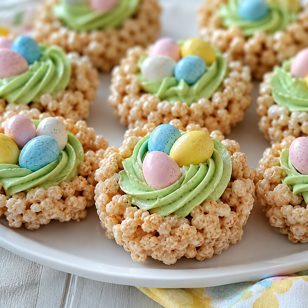 Easter Krispies nests with green frosting and pastel candy eggs