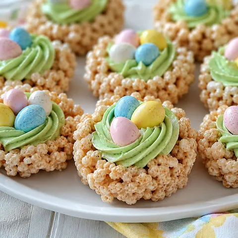 Easter Krispies nests with green frosting and pastel candy eggs
