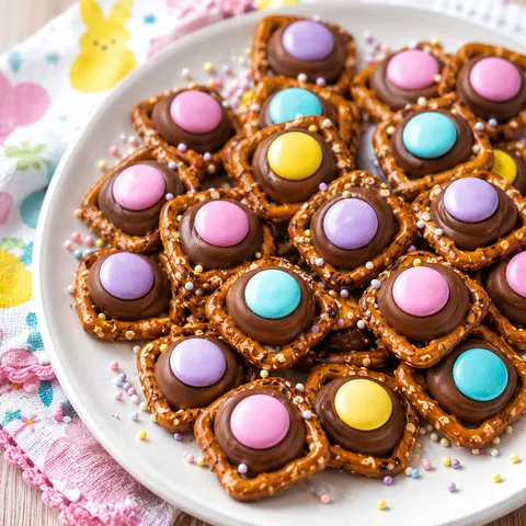 Easter Pretzels with pastel candies and sprinkles on a white platter