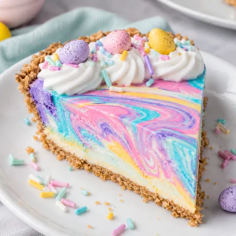 Easter Swirl Cheesecake Pie slice with pastel filling and candy eggs