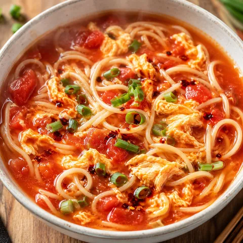 Tomato and egg noodle soup with scallions in a white bowl