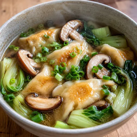 Potsticker soup with mushrooms and bok choy in a ceramic bowl