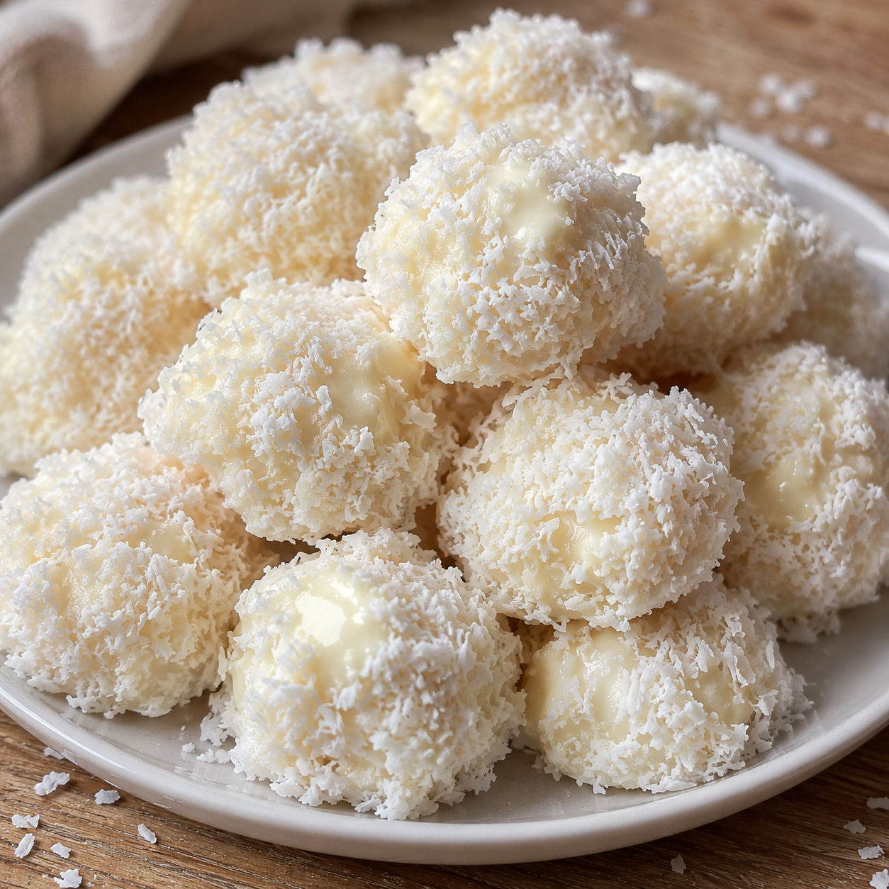 Coconut snowball cookies stacked on a pale plate with loose coconut flakes