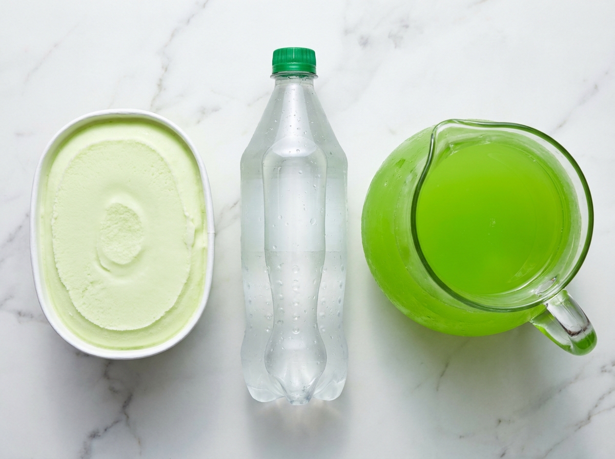 Ingredients for green Grinch punch with sherbet, soda, fruit punch, and cherries