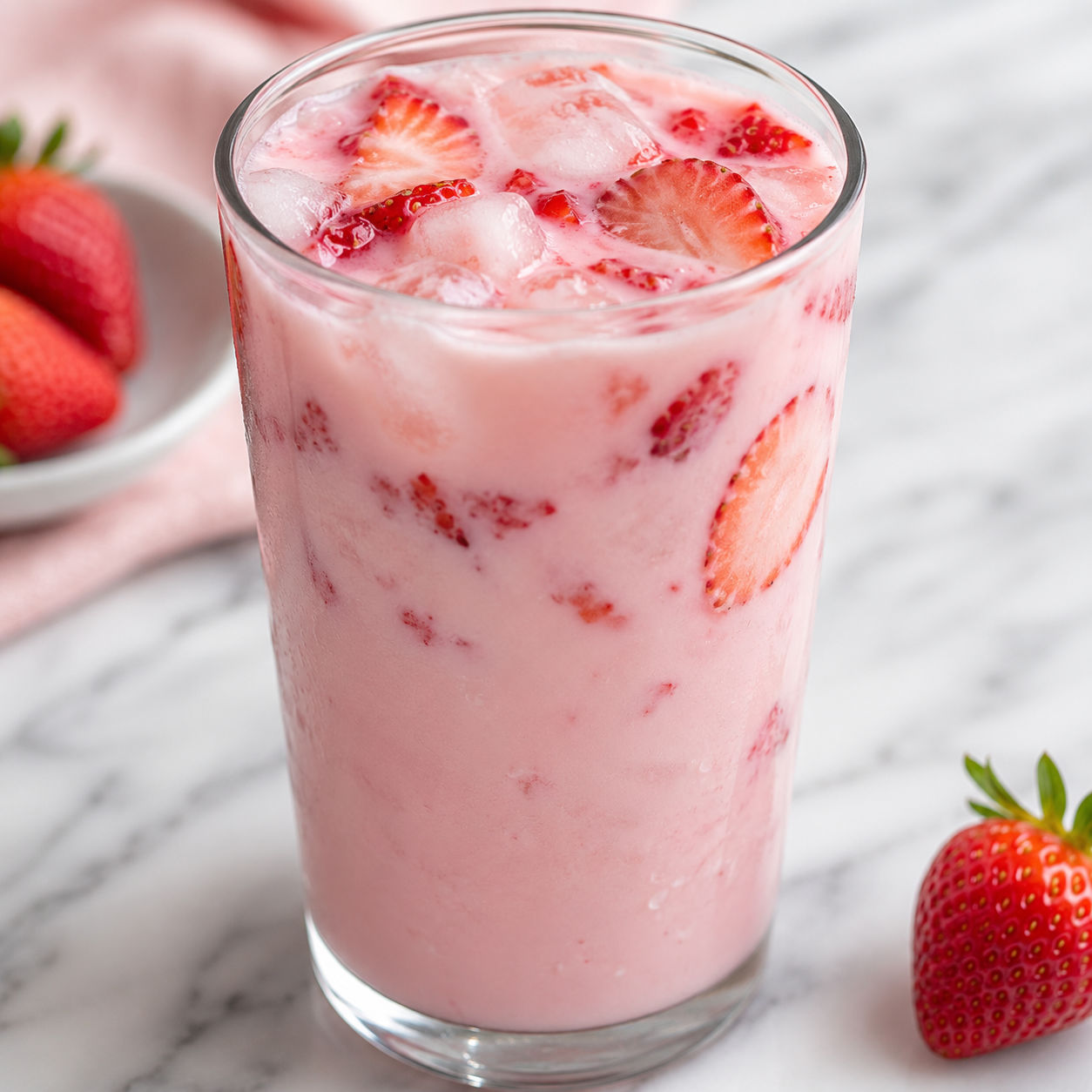 Creamy pink strawberry coconut drink over ice with strawberry pieces