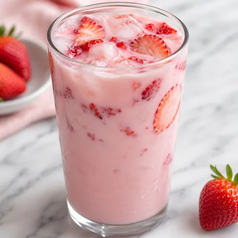Creamy pink strawberry coconut drink over ice with strawberry pieces