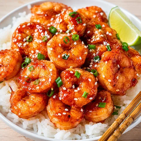 Firecracker shrimp over white rice with scallions and sesame seeds