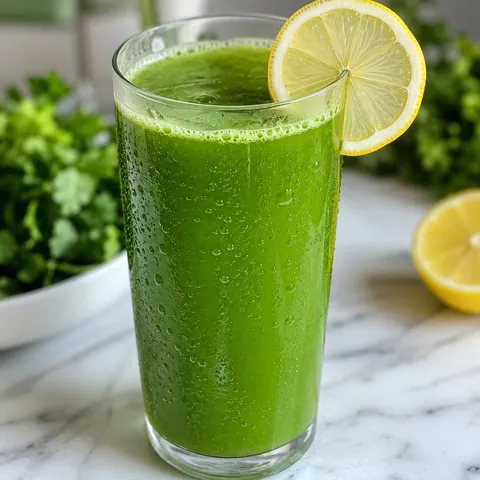 Green juice in a tall glass with a lemon wheel