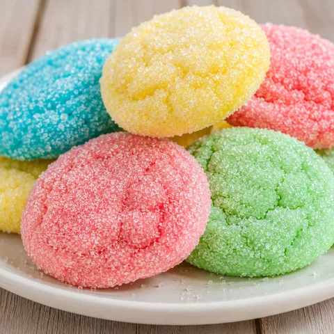 Colorful Jello cookies with sugar-coated crinkled tops on a pale plate