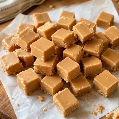 Creamy peanut butter fudge squares stacked on parchment
