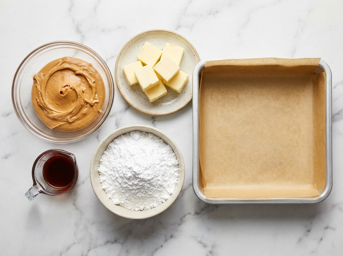 Peanut butter fudge ingredients with butter, vanilla, and powdered sugar