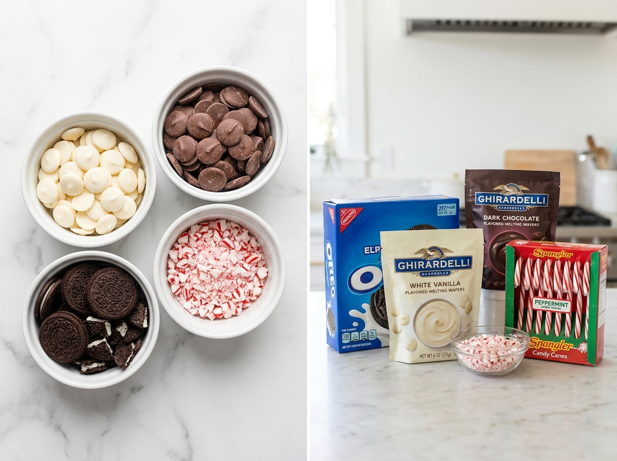 Ingredients for peppermint Oreo bark on a marble counter