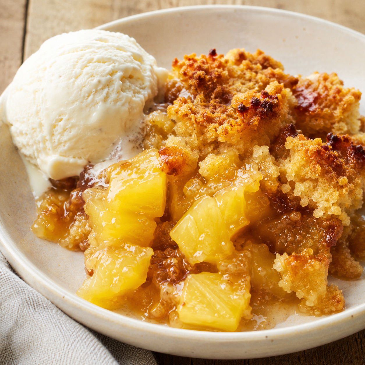 Pineapple dump cake with golden crumb topping and melting vanilla ice cream