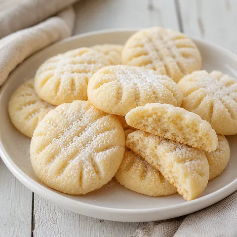 Pale whipped shortbread cookies stacked on a white plate with a tender crumb