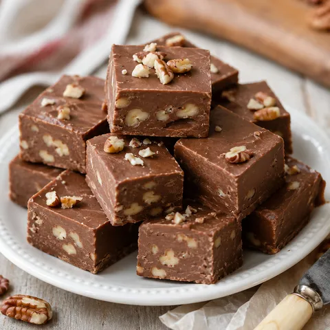 Chocolate butterscotch pecan fudge squares on a white plate