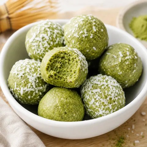 Matcha green tea energy bites with coconut in a white bowl