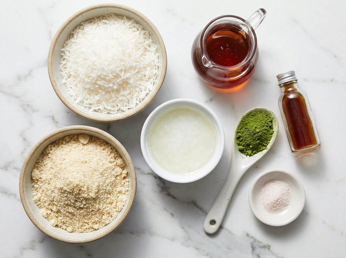 Coconut, almond flour, maple syrup, coconut oil, and matcha for energy bites