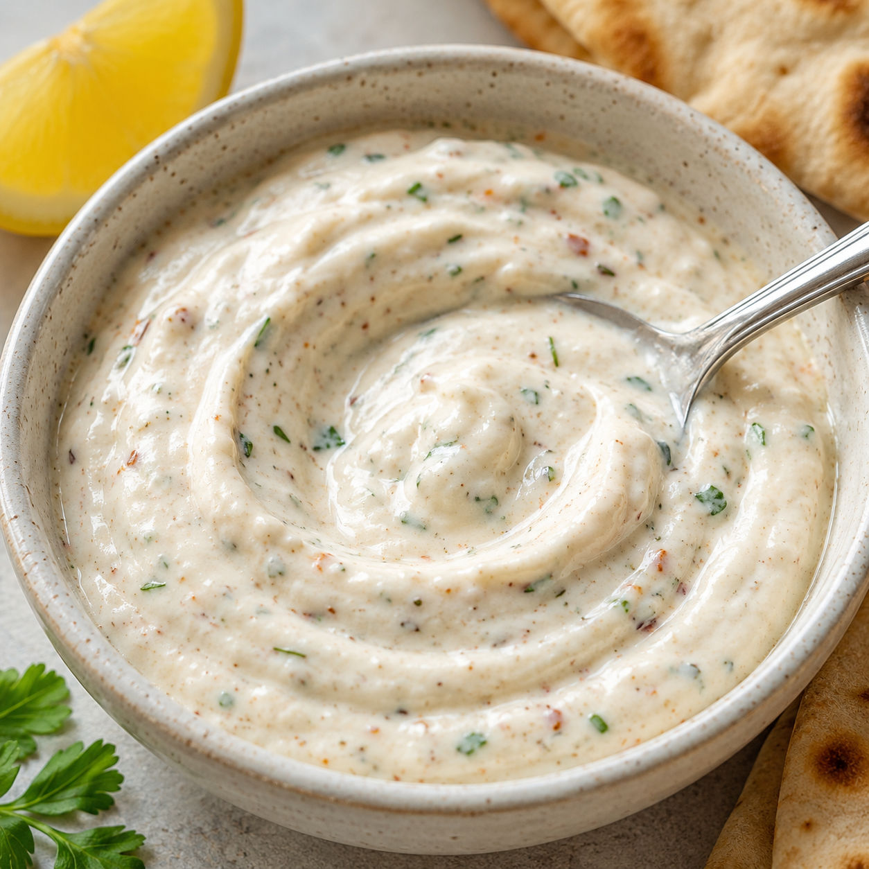 Creamy shawarma sauce with parsley, lemon and warm pita