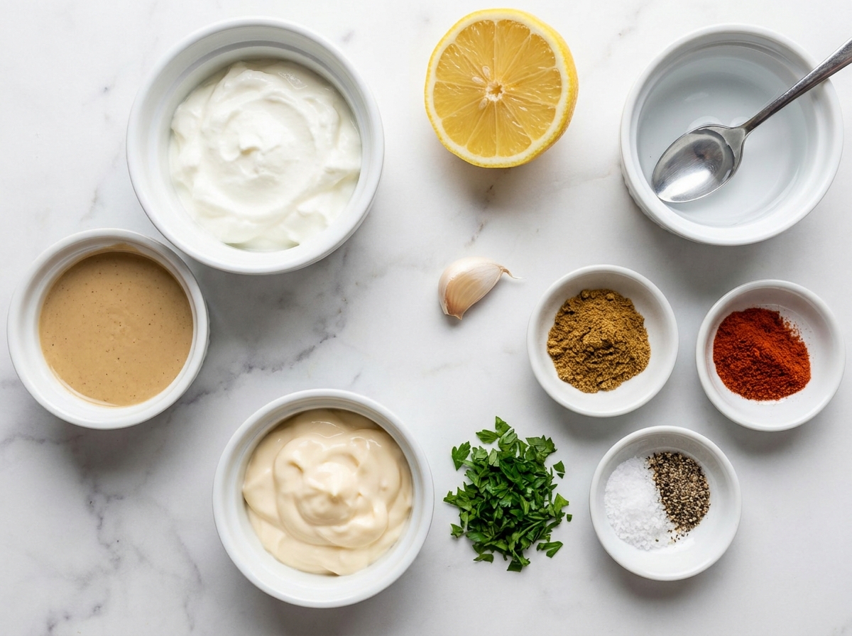 Ingredients for creamy shawarma sauce with yogurt, tahini, lemon and garlic