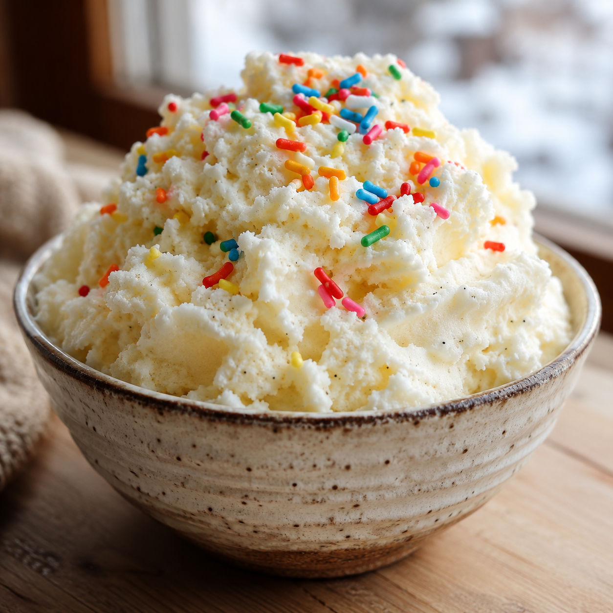 Creamy vanilla snow ice cream with rainbow sprinkles in a rustic bowl