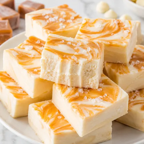 White chocolate caramel fudge squares with golden swirls and sea salt