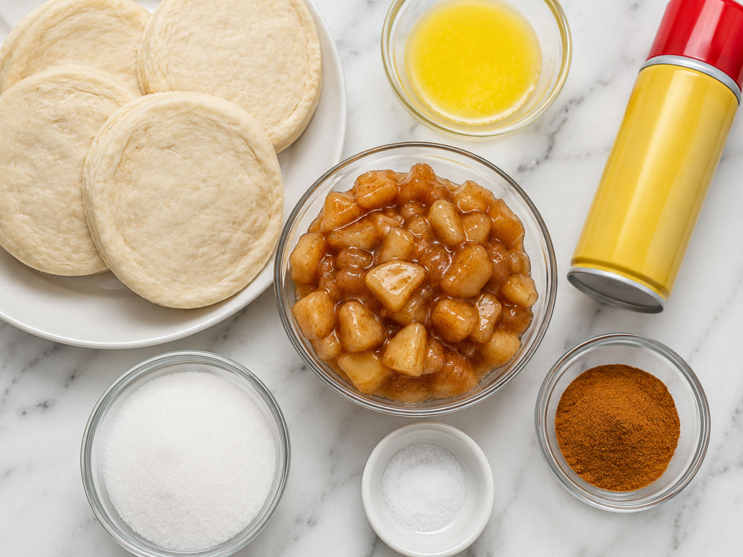Biscuit dough, apple pie filling, butter, cinnamon, and sugar for apple pie bombs