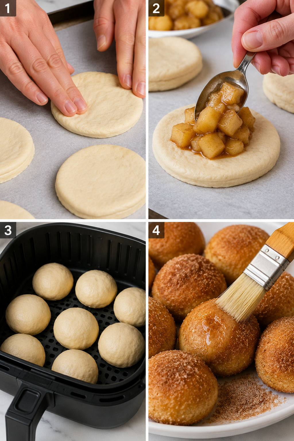 Four steps for making air fryer apple pie bombs with biscuit dough