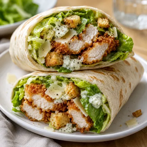 Crispy chicken Caesar wraps with romaine, parmesan, and croutons