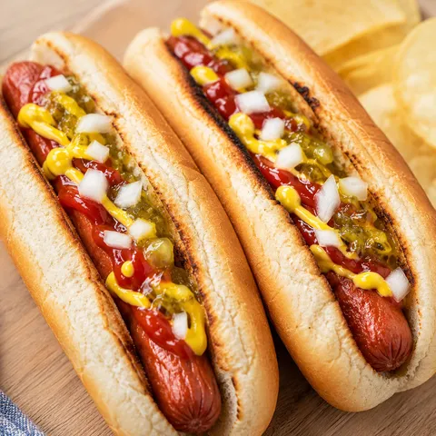 Air fryer hot dogs in toasted buns with mustard, ketchup, relish, and onion
